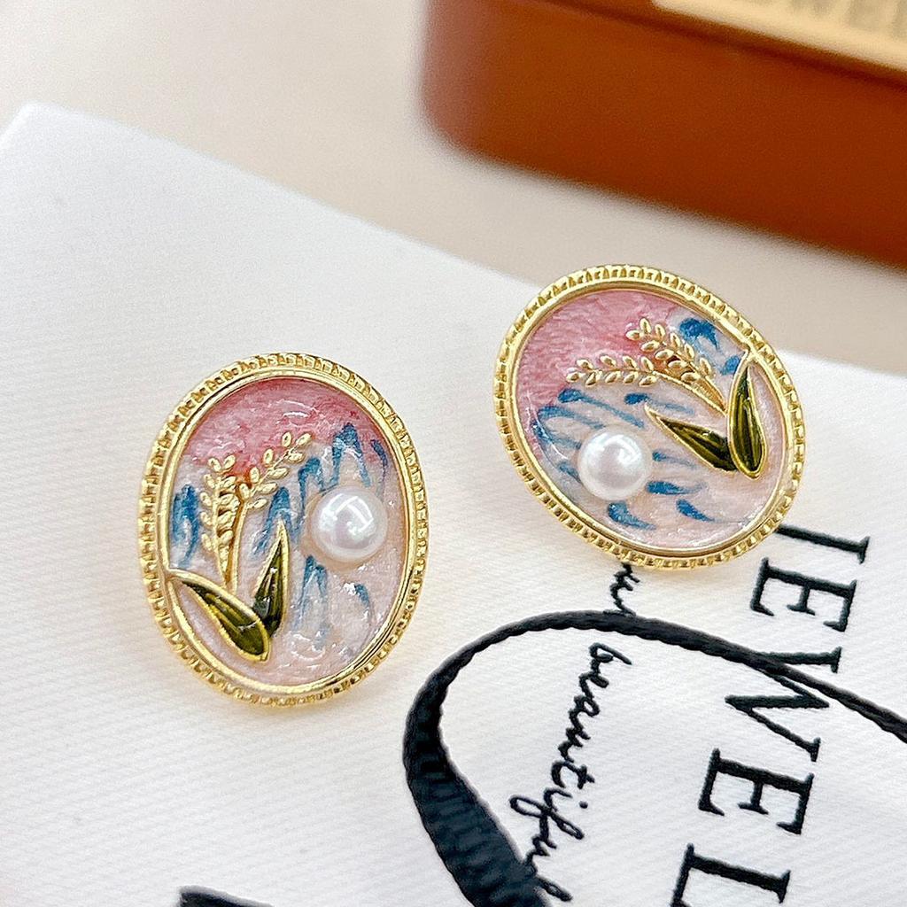 French sweet oil painting natural freshwater pearl flower earrings women's summer light luxury niche high-end silver needle earrings