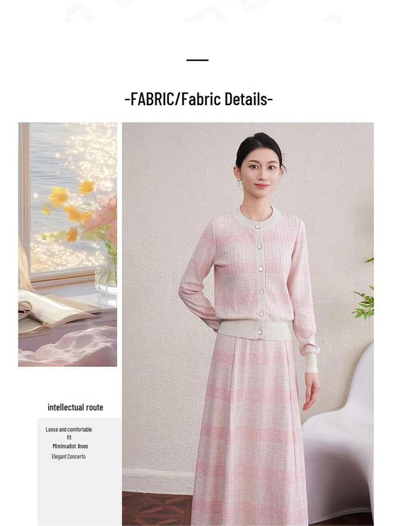 2025 Autumn/Winter Women's Retro Tencel Stripe Knit Top & Midi Skirt Set
