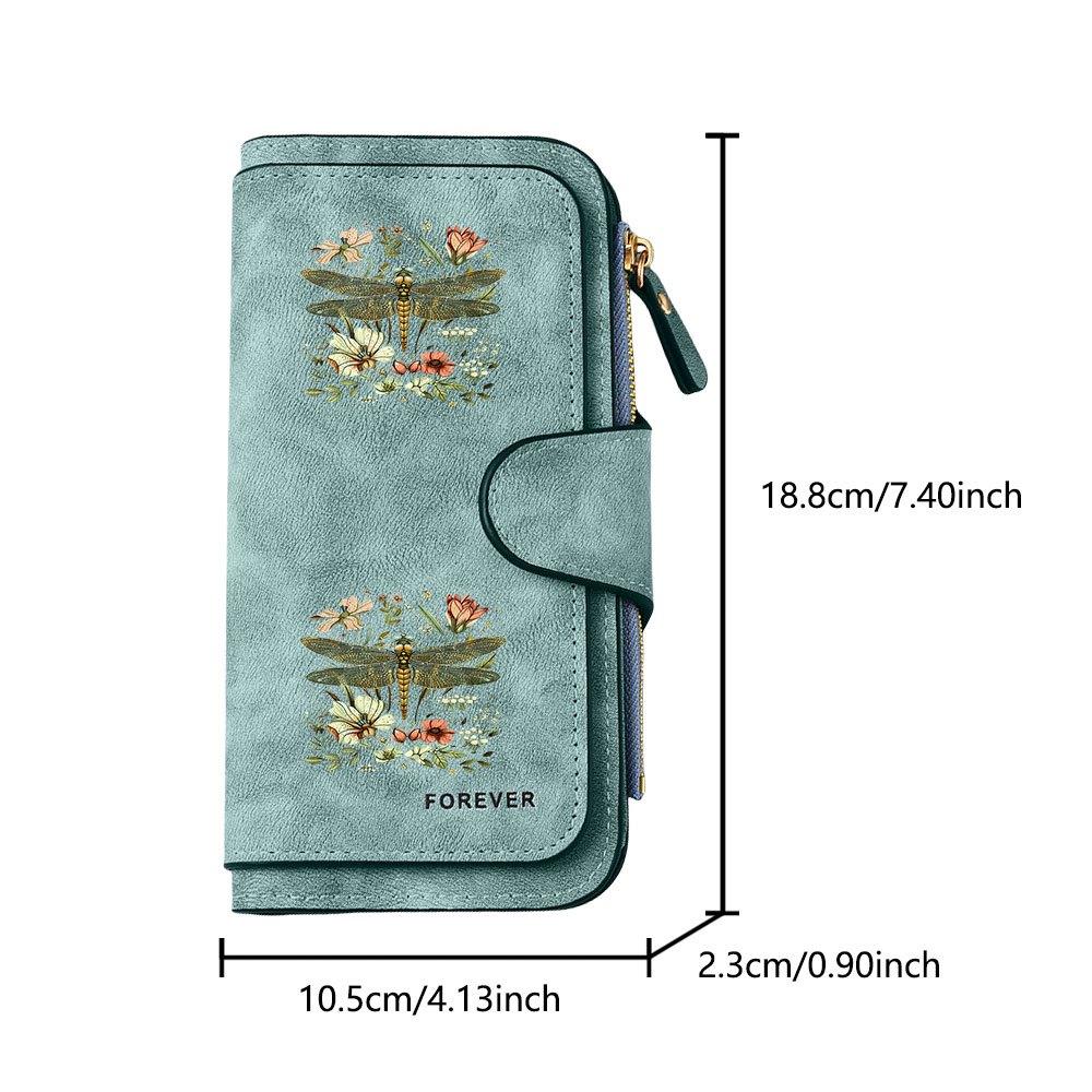 Dragonfly and Floral Exquisite Illustration Print Long Wallet Multifunctional Portable Coin Purse with Clasp Suitable for Daily Commuting Large