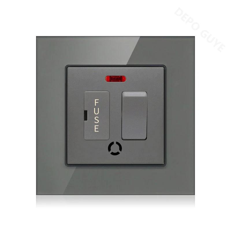 86 Type UK 13A Switch With Fuse Electrical Switch Light Spurs Neon Black White Grey Tempered glass Fuse 13A Wall Switch Panel
