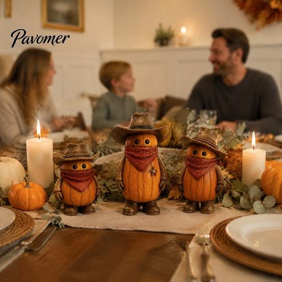 Kids Room Holiday Decor 3PCS Western Cowboy Pumpkin Figurine, Retro Man Statues with Hat, Cute Plastic Figurines Fall Thanksgiving Halloween Tabletop