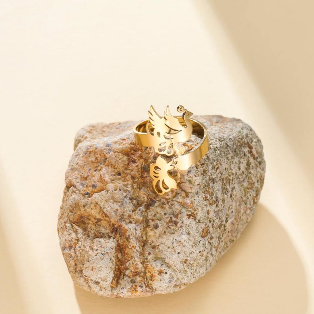 Phoenix Open Ring Elegant Golden Phoenix Adjustable Ring Symbol of Rebirth Ring Stainless Steel Bird Statement Ring for Women