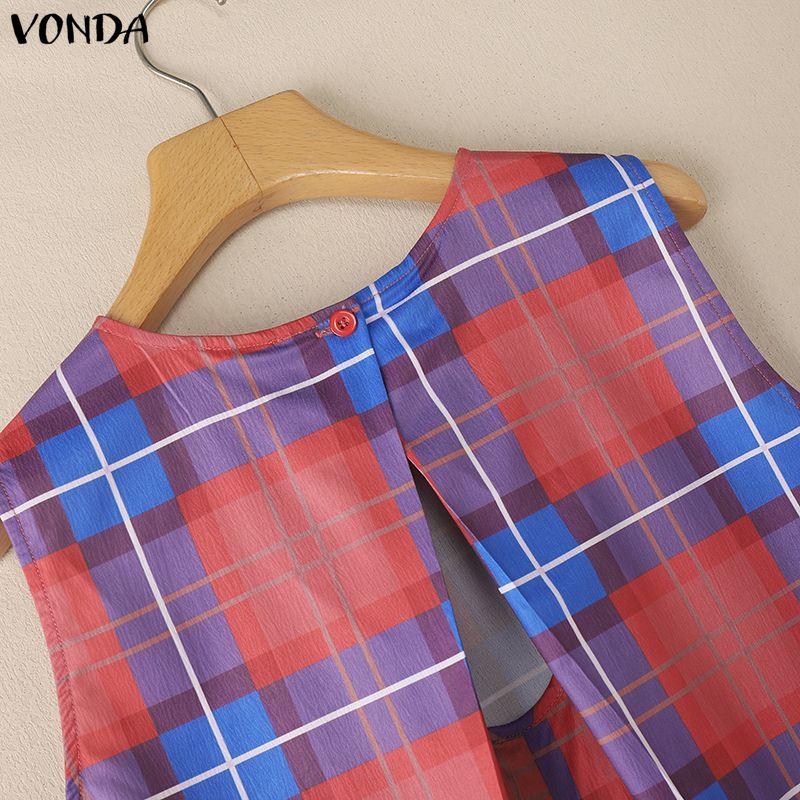 VONDA Ethnic Women Casual Round Neck Sleeveless Plaid Print Casual Tunic Dress