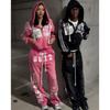 LUXEON Gothic Punk Hip Hop Gewaschener Hoodie Y2k Retro Streifenstickerei Reißverschluss Kapuzenpullover Rock Harajuku Herren Damen Streetwear