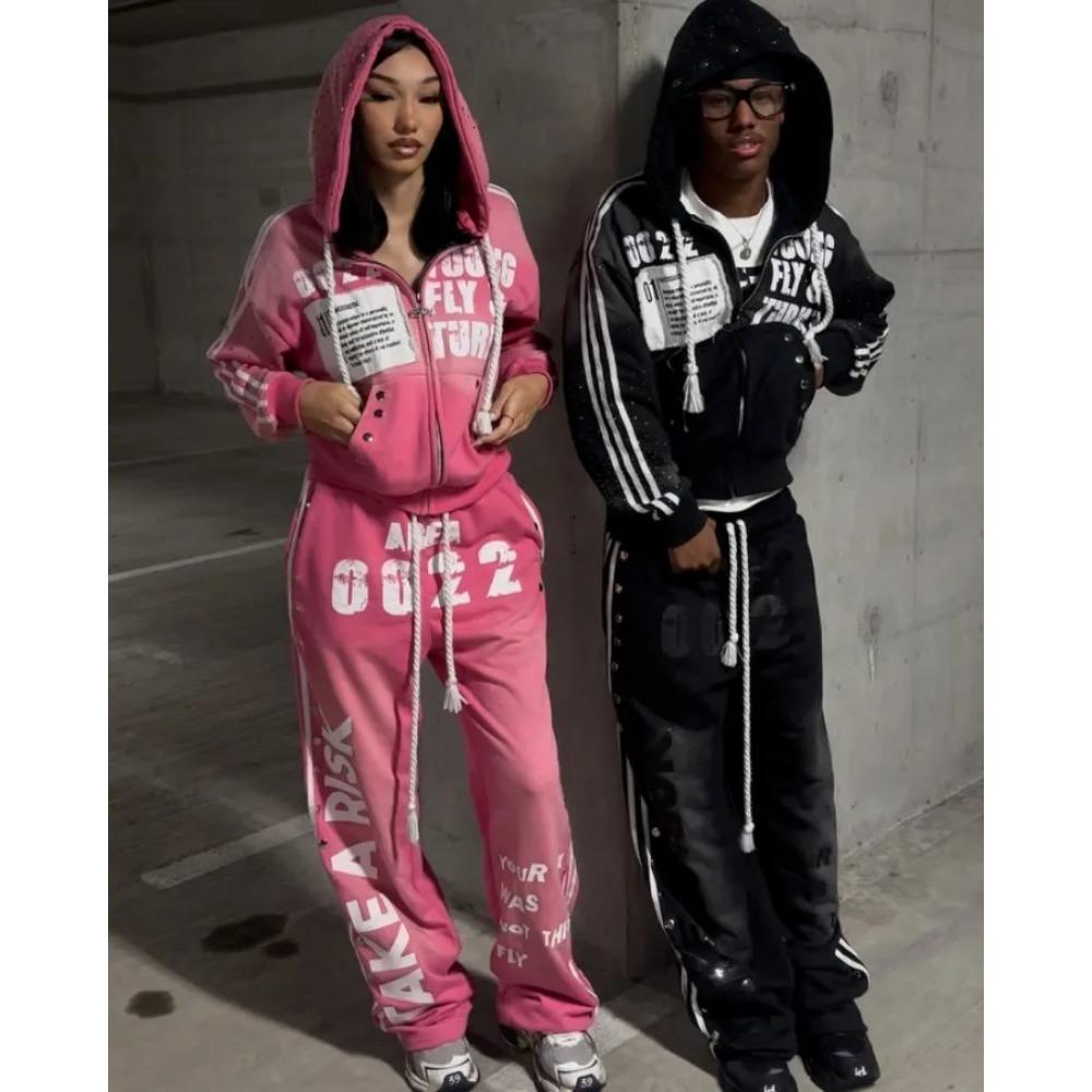 LUXEON Gothic Punk Hip Hop Gewaschener Hoodie Y2k Retro Streifenstickerei Reißverschluss Kapuzenpullover Rock Harajuku Herren Damen Streetwear