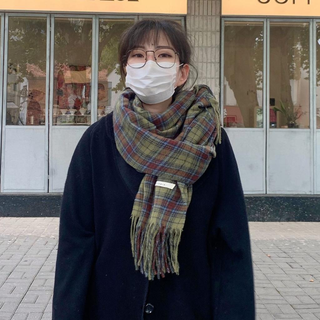 Green Plaid Scarf for Women in Autumn and Winter Retro All Match Imitation Cashmere Korean Style Warm Student Long Scarf Shawl Trendy