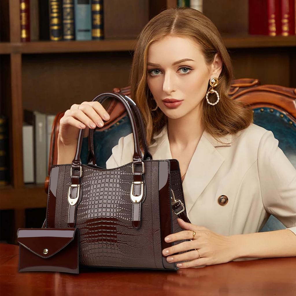 NICOLE & DORIS Women's Handbag and Shoulder Bag Set, Stylish and Elegant, Crocodile Leather, 2-Way, Crossbody, PU Leather, Waterproof, Divided,