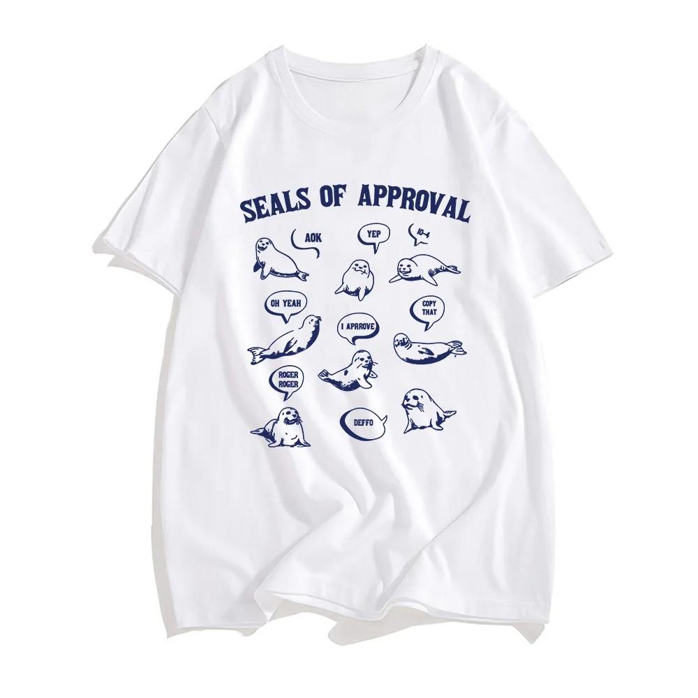 Seals of Approval Sea Lion Cartoon Printing Tshirt Summer Short Sleeve Tshirts for Men and Women Loose Kawaii Graphic Tops