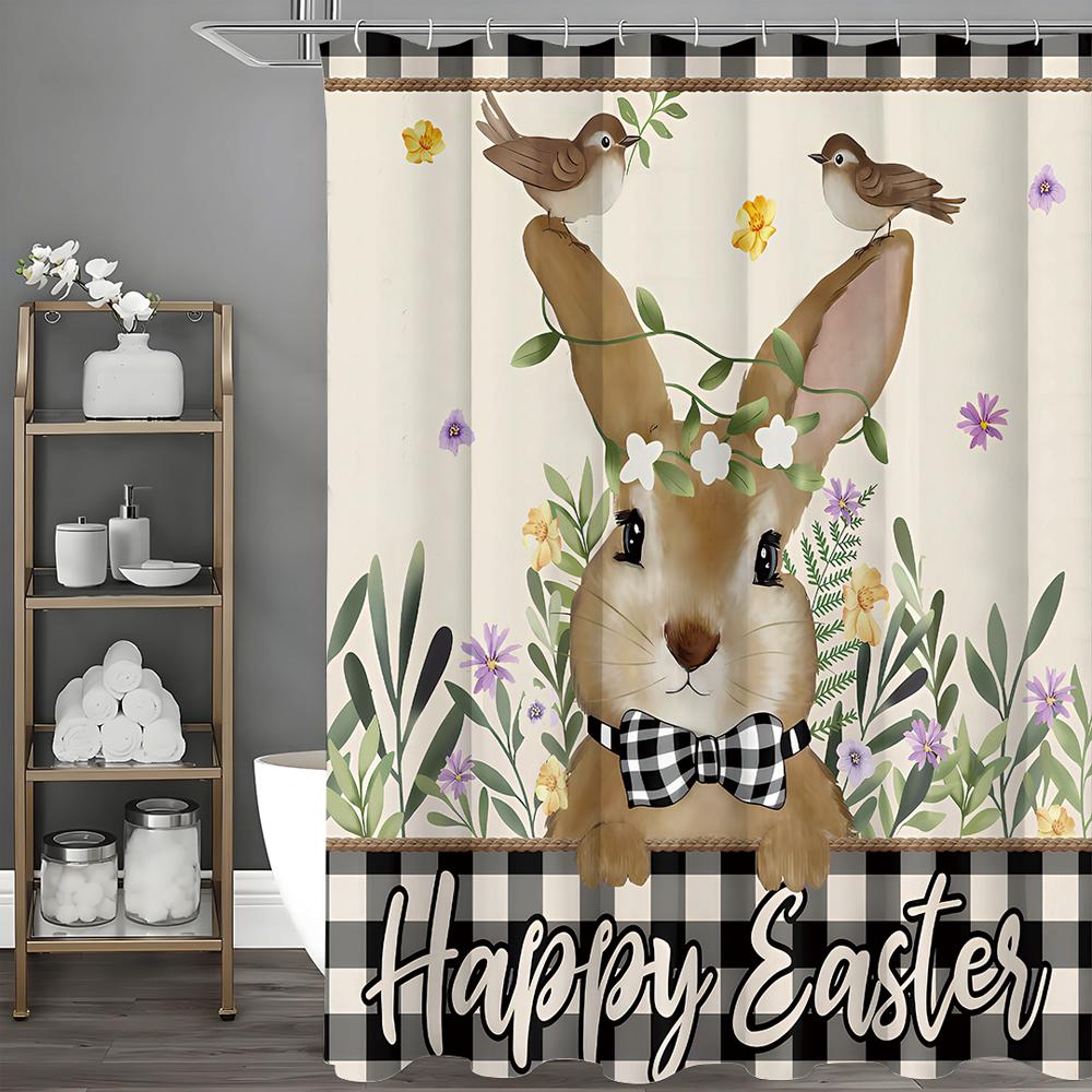 Easter Shower Curtain, Easter Bunny Pattern, Spring Easter Farmhouse Holiday Bathroom Decorative Shower Curtain, Waterproof Sho