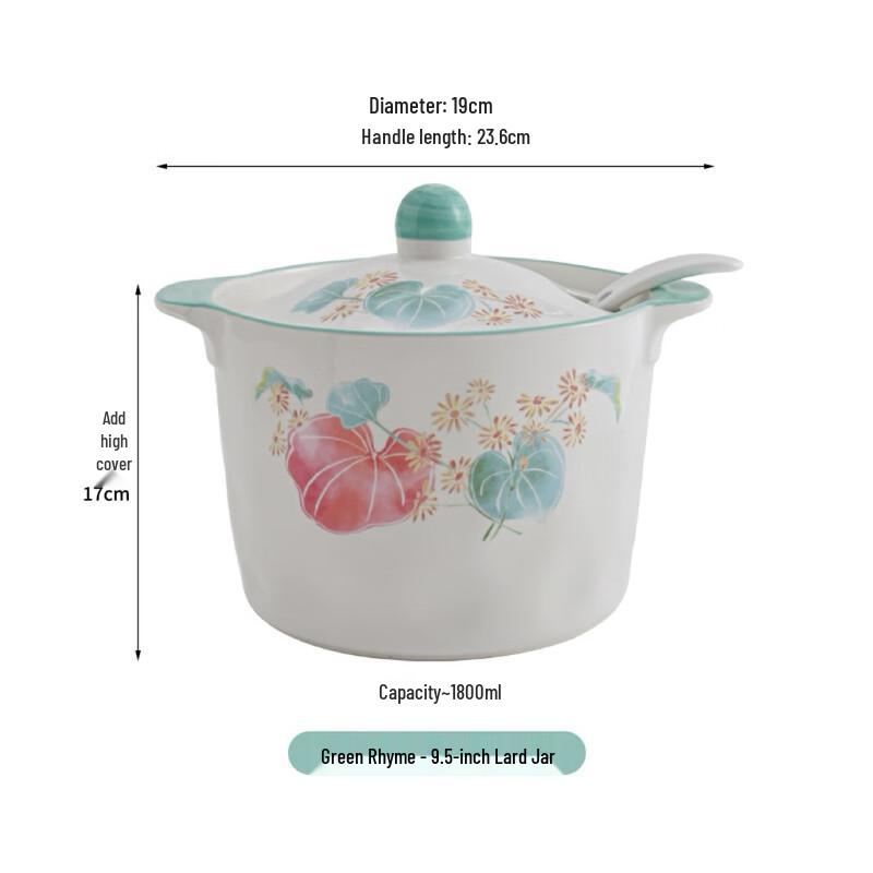 Wutuo Household Ceramic Lard Pot with Lid, 9.5-inch