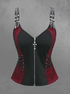Rosegal Gothic Plus Size Fishnet Panel Cross Zipper Strappy PU Strap Grommet Buckle Tank Top