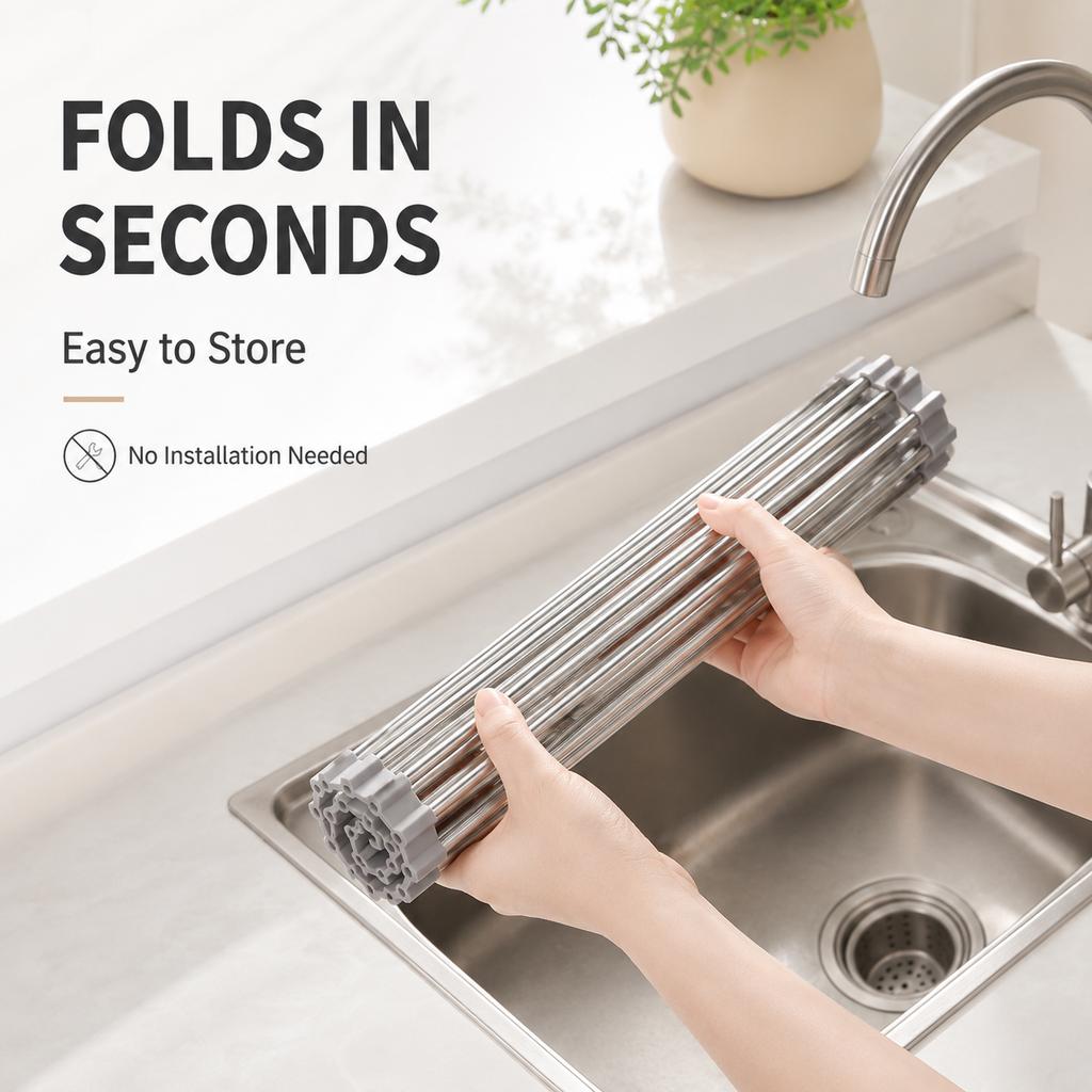 Xiaomi Roll Up Dish Drying Rack Over Sink Foldable Metal Kitchen Drainer for Dishes Vegetables Fruits Utensils Space Saving Organizer