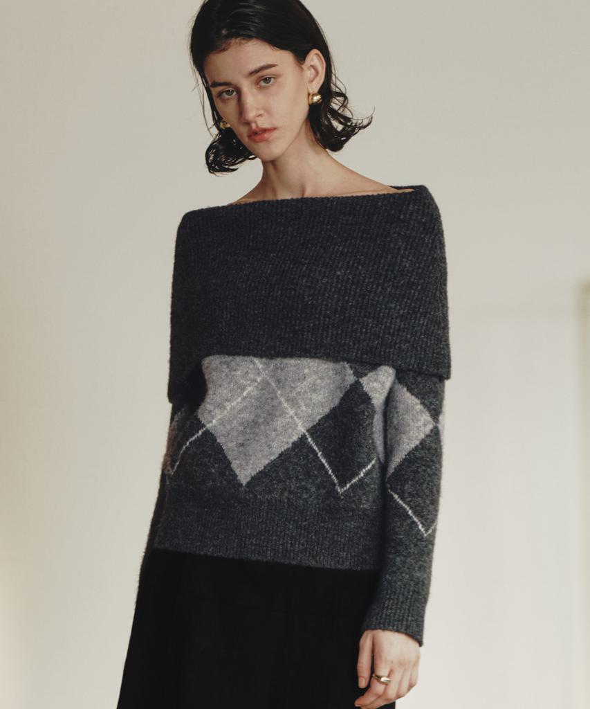 ZEROSTREET Le Zero Argyle Off-Shoulder Wool Sweater / Charcoal