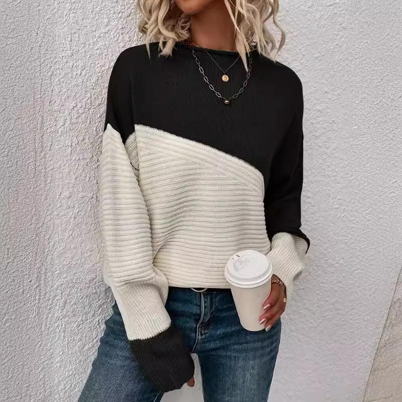 Color Block Loose Knit Sweater - Women's Casual Long Sleeve Round Neck Top