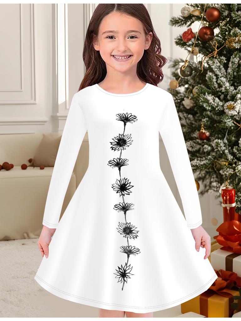 Mädchen Herbst- und Wintermodekleid, 3D-Blumendruck Rundhalsausschnitt Lang Kinder-T-Shirt-Kleid, Lässig Vielseitig, Weihnachtskleidung