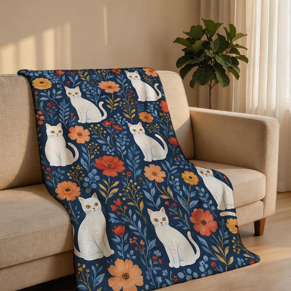 VintageBlumenWeißerKatze Überwurf Kurzer Plüsch Überwurf Weich Hautfreundlich Mehrere Szenen Home Office