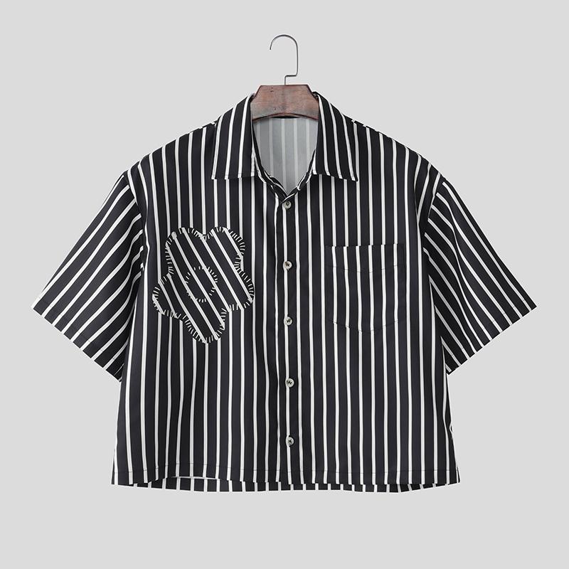 

INCERUN Oversized Summer Men Lapel Neck Short Sleeve Floral Striped Casual Short Shirts