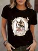 Women Summer Print T Shirt Short Sleeve Round Neck Cute Cat Pattern Fashion Graphic Tees for Casual Daily Wear Streetwear