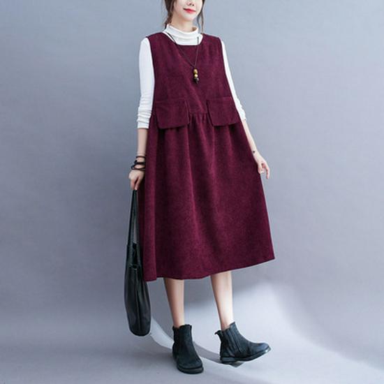 

Жіноча ретро вельветова сукня-жилет на осінь 2022 з кишенями M бордовий