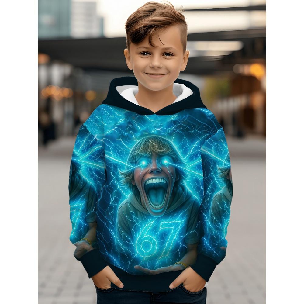 Huiteng1 Meme 67 Patroon Hoodie voor Jongen Casual Ronde Hals Korte Mouwen Hoodie Comfortabel Trendy Street Lange Mouw Kinderkleding 140