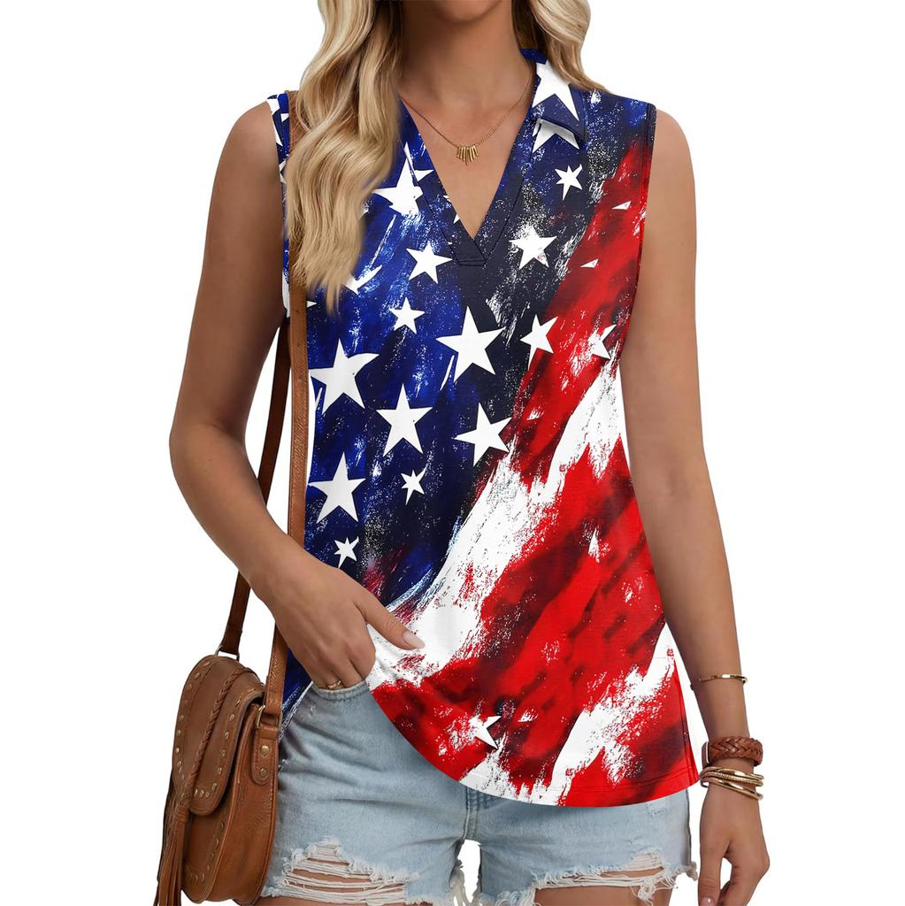 Women Sleeveless Button Front Vest Independence Day Print V Neck Collar Casual Fashion Tank Top
