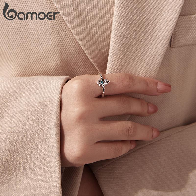 Bamoer 925 Silver Twisted Hamsa Hand Ring Retro Turquoise Adjustable Open Ring for Women Family Guarding Party Gift
