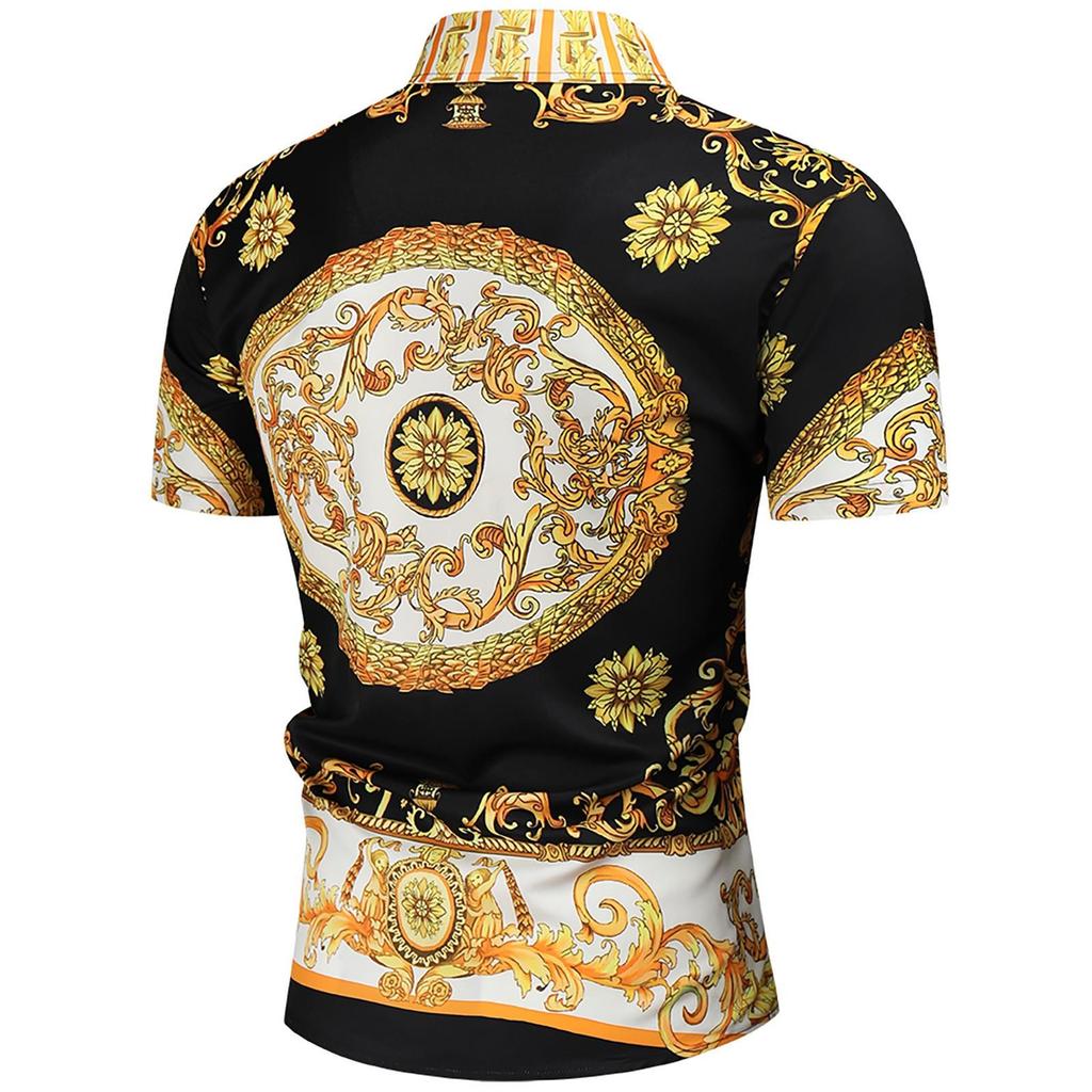 Herren Lässig Locker Kurzarm Ethno-Stil Vintage Print Button-Down T-Shirt