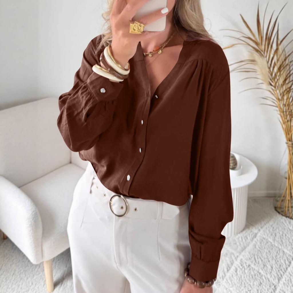 Women's Casual Loose-Fit V-Neck Button-Up Long-Sleeve Blouse With Flounce Collar