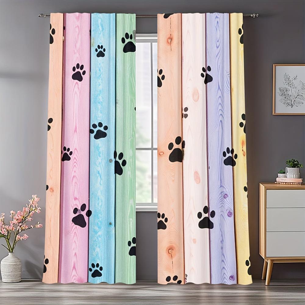 Rainbow Wood Curtains 2pcs – Dog Paw Prints on Pastel Planks, Whimsical Window Decor for Pet Lovers and Children’s Rooms