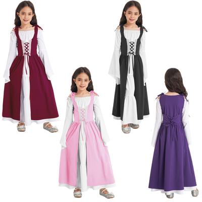 Kids Girls Renaissance Cosplay Medieval Dress Up Costumes Long Flare Sleeve Adjustable Lace-up Gown Dress