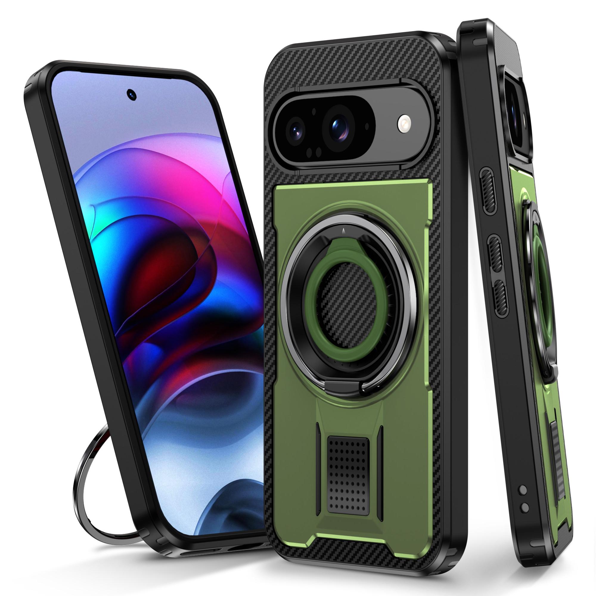

For Google Pixel 9/Google Pixel 9 Pro Case TPU+PC Kickstand Phone Cover with Silicone Finger Strap Army Green