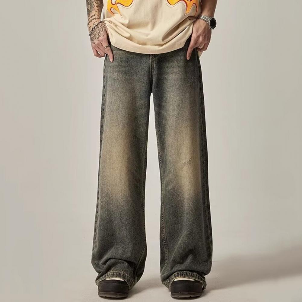 Men Jeans Gradient Contrast Color Wide Leg Loose High Street Retro Hip Hop Straight Full Length Pockets Button Zipper Closure Me