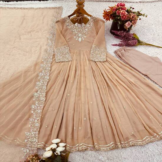 Embellished Anarkali Suit with Dupatta - Available In Beige and Pistachio Green