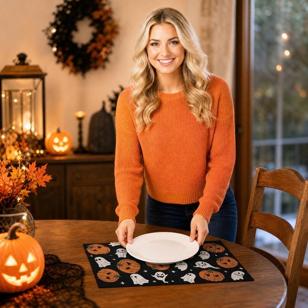 Halloween Linen Placemats for Dining Table - Natural , Stain , Heat Holiday Table Decor, Festive