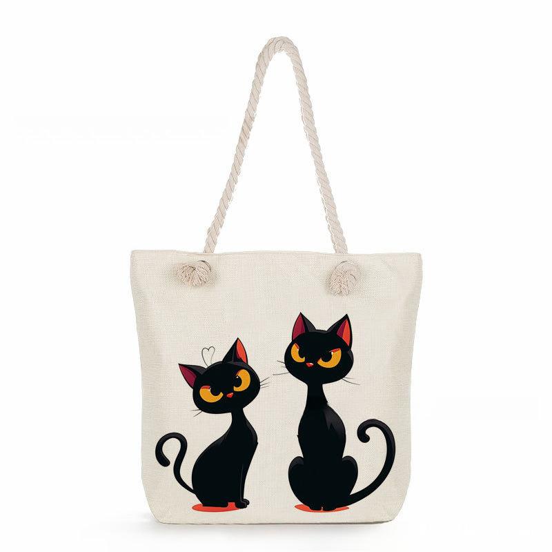 Black cat print thick rope single-shoulder beach bag 7364