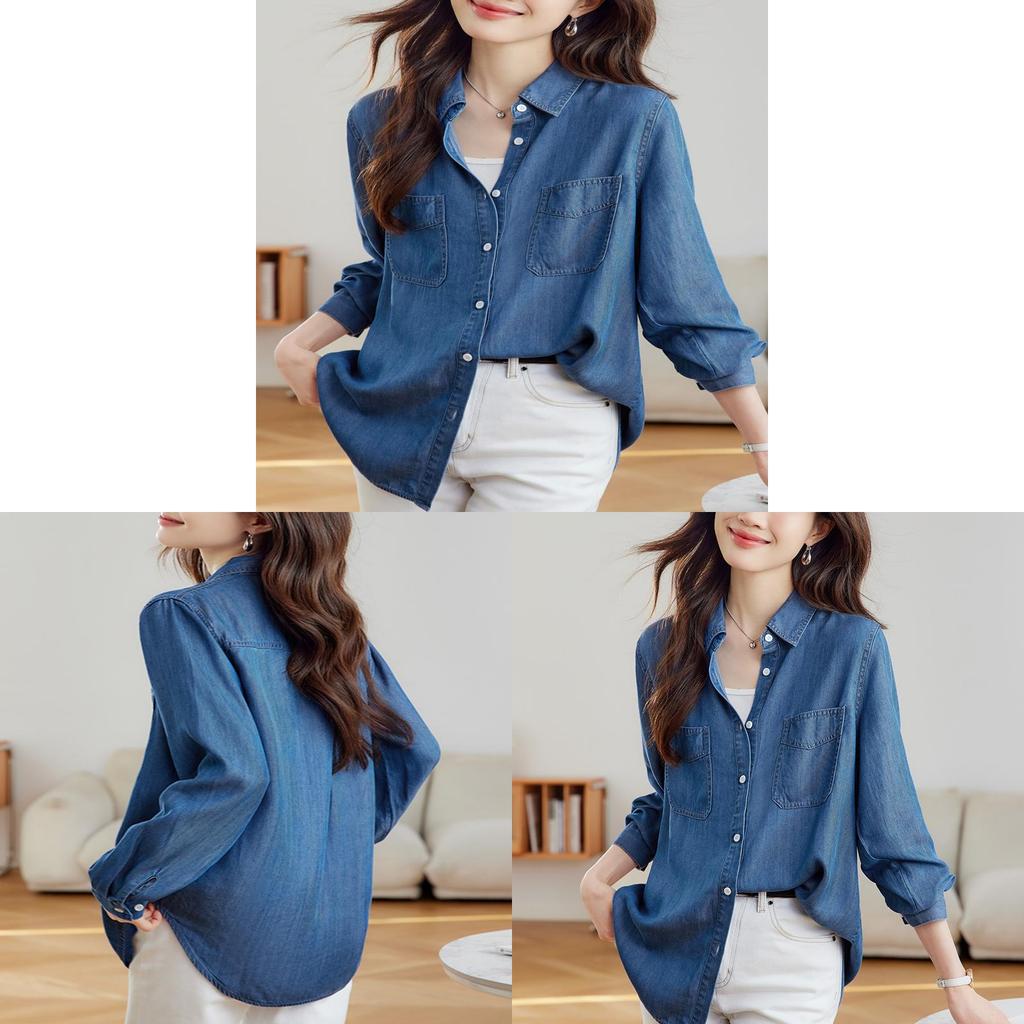 Camicia in Tencel Blu Denim da Donna a Manica Lunga Casual da Ufficio con Tecnologia Antipiega