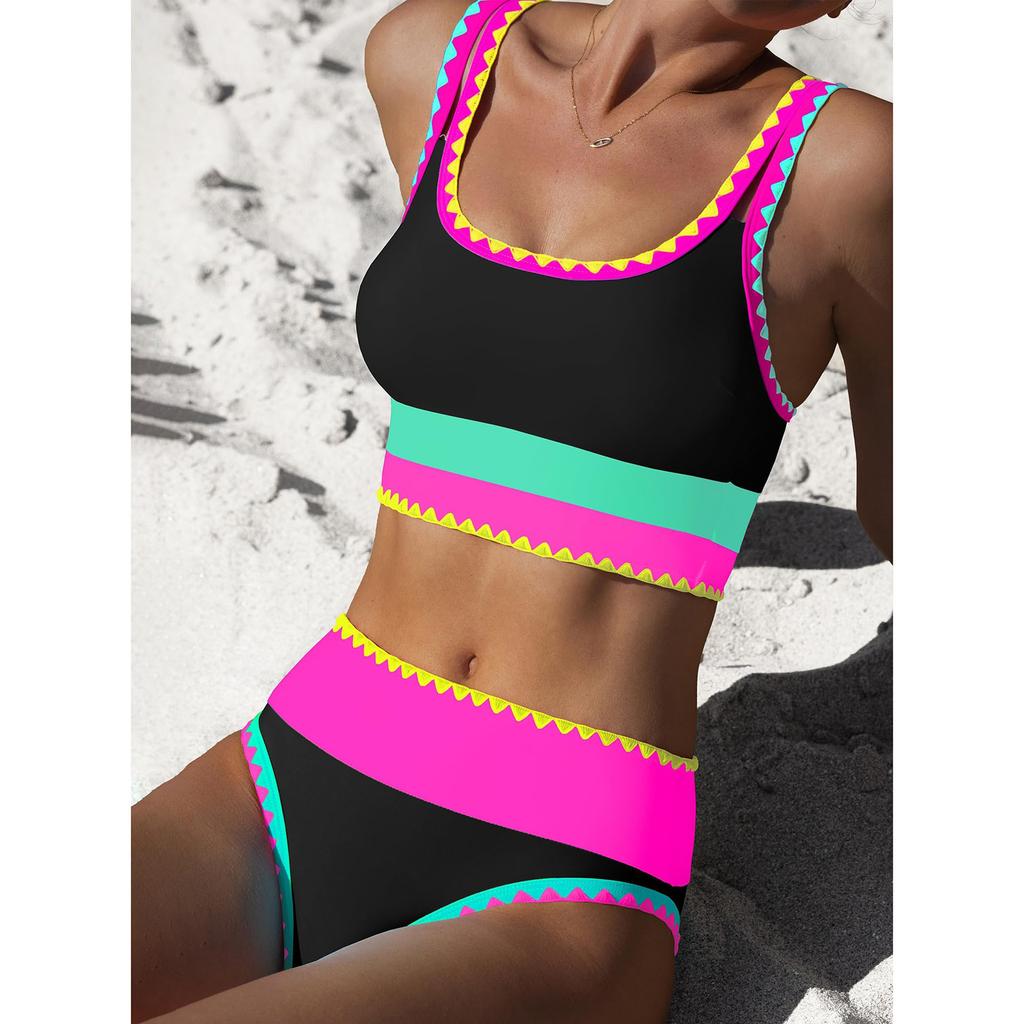 Women Two Piece Tankini Swimsuit Set Scoop Neck Crop Top and High Waist Skirt Swimwear with Trim Design