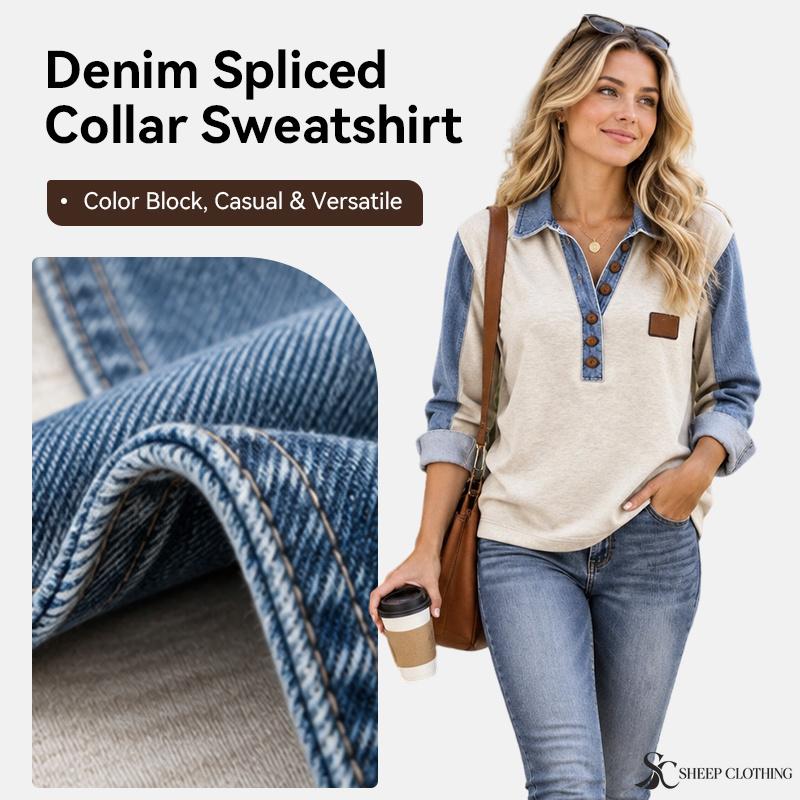 Women's Denim Patchwork Long Sleeve Top Denim Collar and Sleeves Color Block Button Placket Casual Loose Fit Shirt