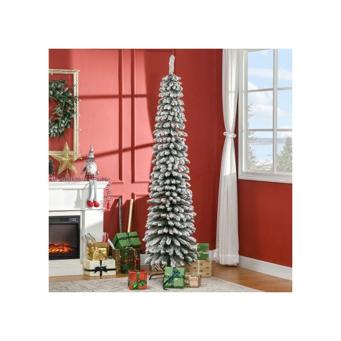 HOMCOM Sapin De Noël Artificiel, Enneigé, Design Étroit, Ignifuge, 210 Cm, Vert/blanc