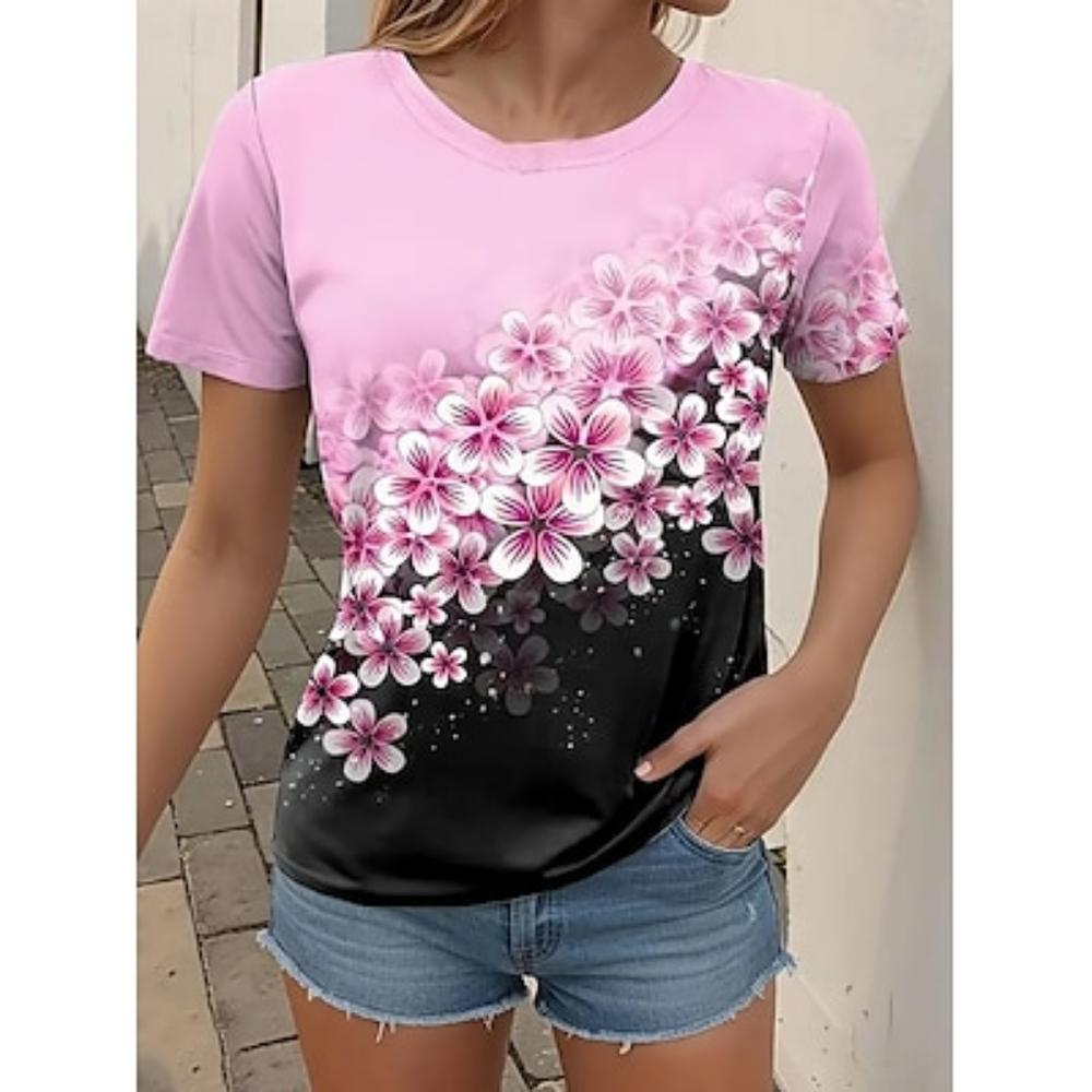 

Женская футболка Повседневный принт с коротким рукавом Обычные топы Повседневный Черный Розовый Синий Небесно-голубой Лето L