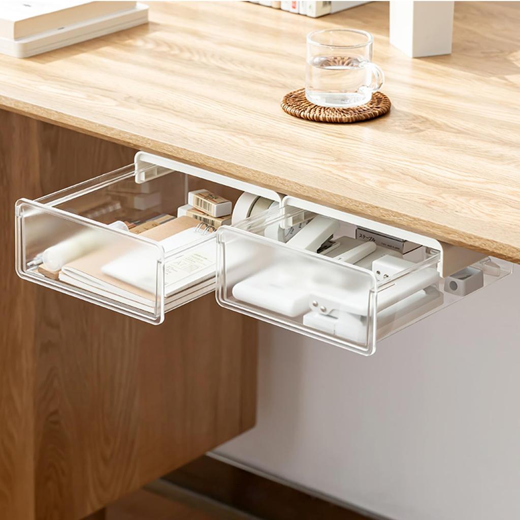 AooYo Set of Mini Drawer Hidden Storage Office Remote Control Convenient Small Item Tape Strong No Tools Easy Transparent Under-Desk Drawer, 2,