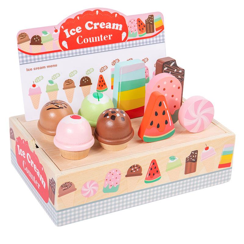 

Wooden Ice Cream Pretend Play Set Children Simulation Cone Food Play Game Montessori Educational Learning Toys for Girl Boy Gift
