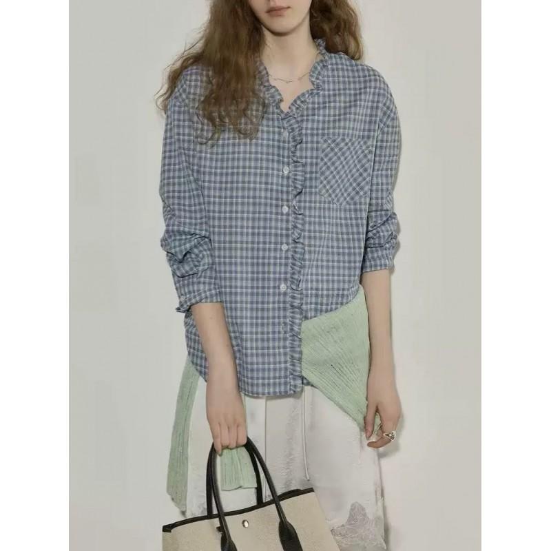 Color Block Plaid Ruffle Long Sleeve Shirt Women Loose Casual Top