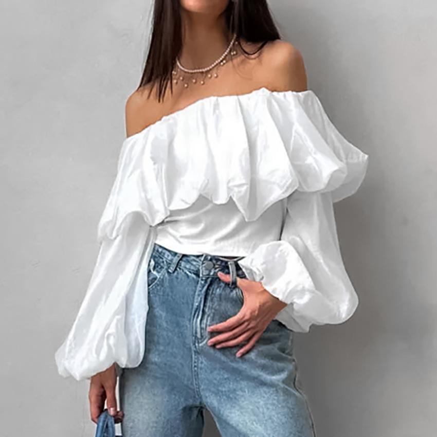 1116 Sommer Neu One-Neck Blasenärmel Mode Lässig Sexy Hemd Weiß Europäisch und Amerikanisch Schulterfrei Pendler Damenbekleidung