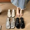 Casual Flat Sandals Silver Word New Small Beach Shoes French 2025 Outer Wear Hollow Summer Cool Slippers Women