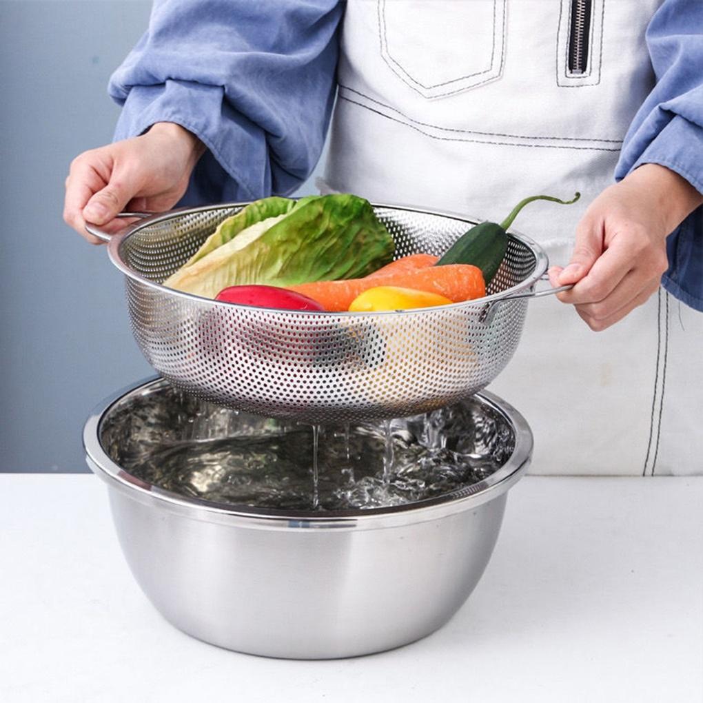 Kitchen Handle Stainless Steel Strainer 2-piece Set Fruit and Vegetable Washing Bowl