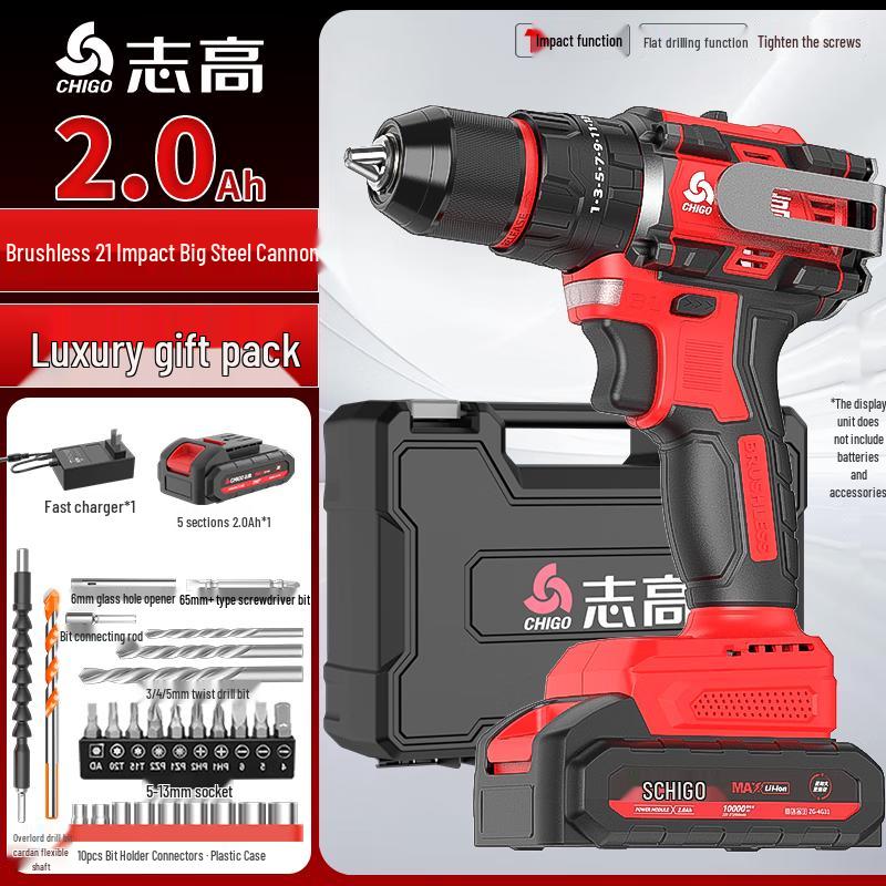 Chigo 21V Cordless Brushless Impact Hammer Drill CN Plug (adapter Included)