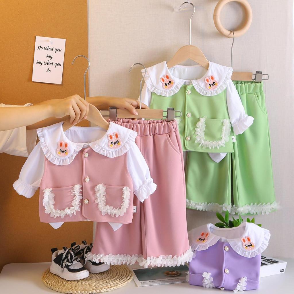 გოგონების სამნაწილიანი კომპლექტი გრძელმკლავიანი ტანსაცმლით, საყვარელი მაქმანებიანი ჟილეტი გოგონებისთვის 0-5+ წლის ასაკში+ლაპელიანი პერანგი+შესაბამისი გრძელი შარვალი, მაღალი ხარისხის ტანსაცმელი