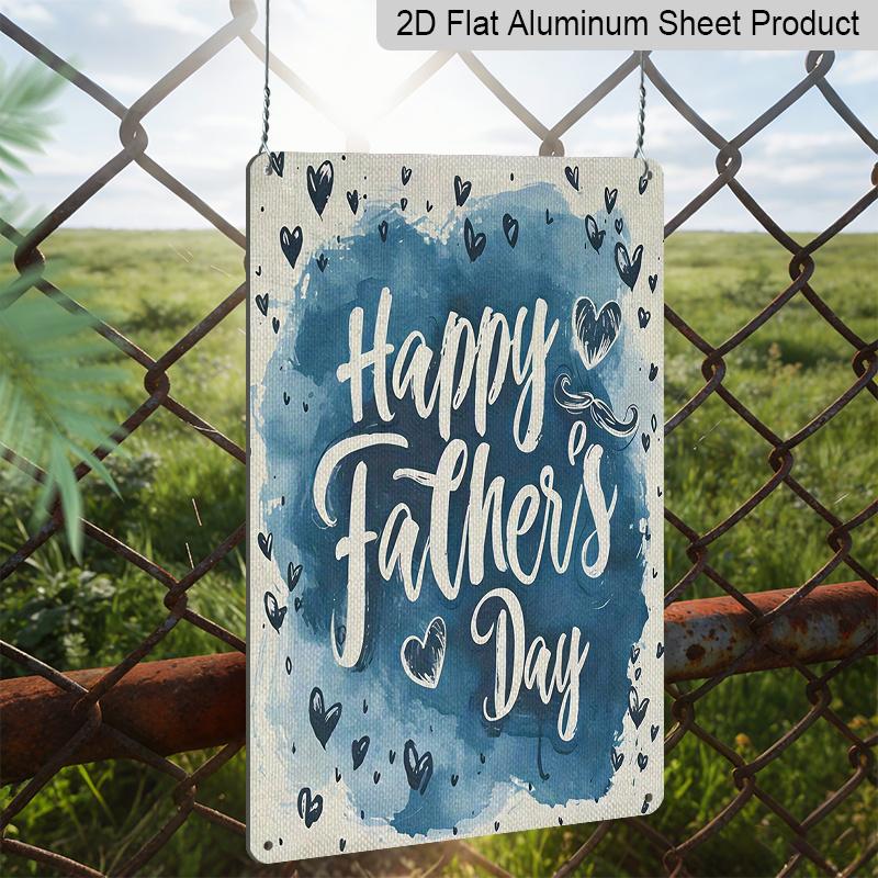 2D Flat, 1pc Watercolor Blue Heart Father's Day Metal Wall Art Sign "Happy Father's Day" - 8*12 Inch Aluminium Rustic Home Decor, Minimalist Style