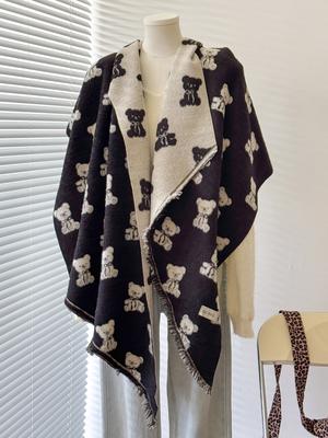 Women's Luxury Faux Cashmere Shawl Cute Teddy Bear Print Winter Wrap with Tassels Pashmina Bandana Style for 